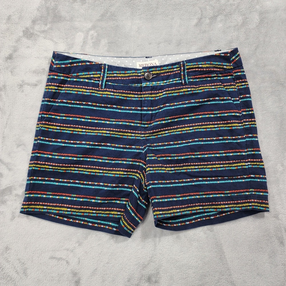 Merona Shorts Women 2 Blue Multi Dot Striped Mid Rise Chino Cotton Office Casual